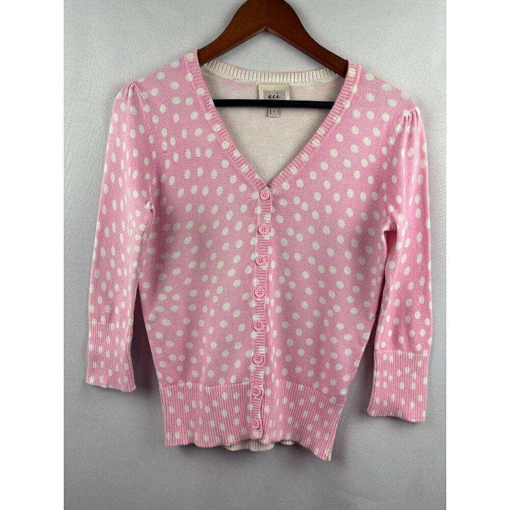 Eci New York Pink & White Polka Dot Cardigan Sweater Womens S 3/4 Sleeves V-Neck